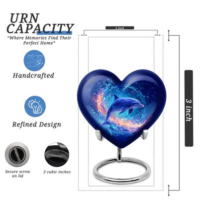 Serene Blue Dolphin Cremation Urn front view showing detailed design - compassionate heart-dolphin combination with gentle curves - mini keepsake memorial for portion of cremation ashes