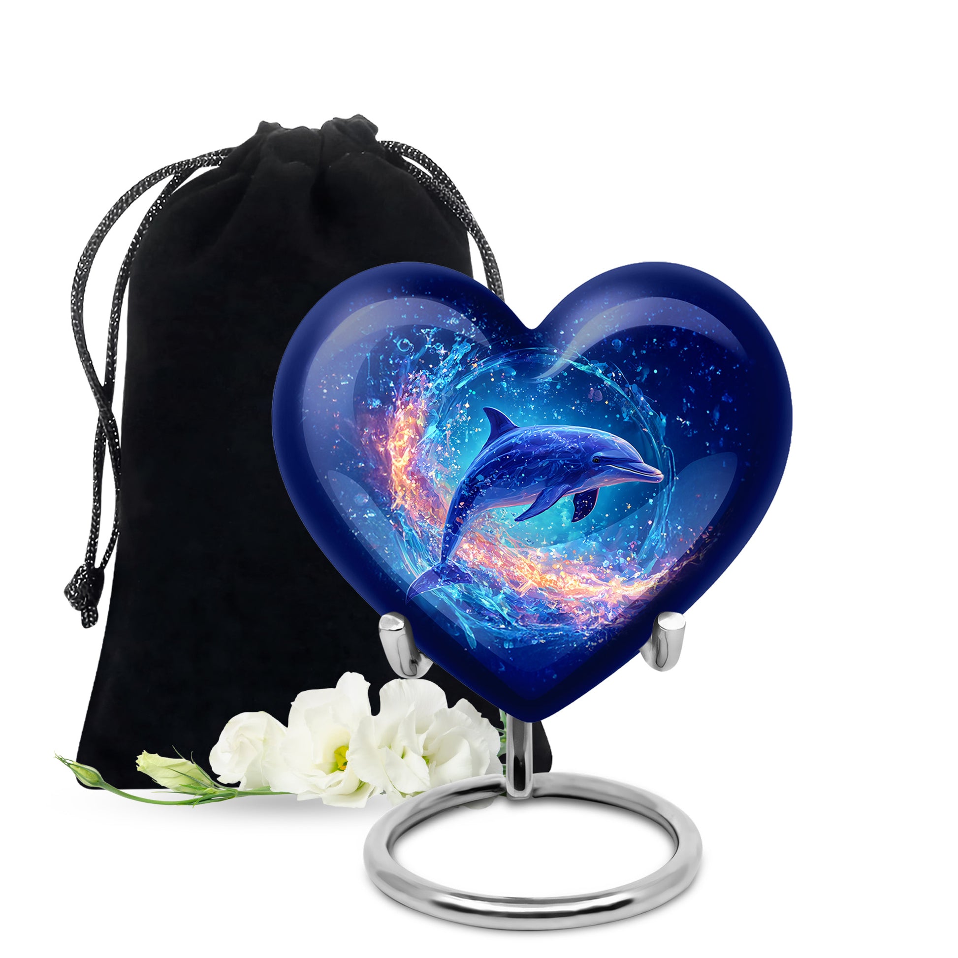 Powder Blue Dolphin Cremation Urn detail view - heart-shaped dolphin design symbolizing eternal love - full-size 10 inch 200 cubic inch adult cremation urn