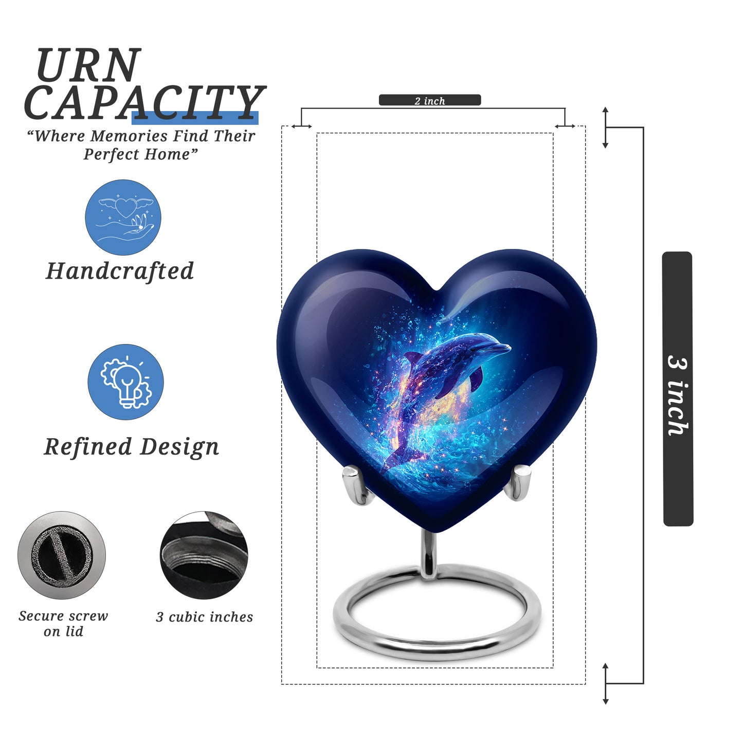 Soft Blue Dolphin Cremation Urn front view showing detailed design - compassionate heart-dolphin combination with gentle curves - mini keepsake memorial for portion of cremation ashes