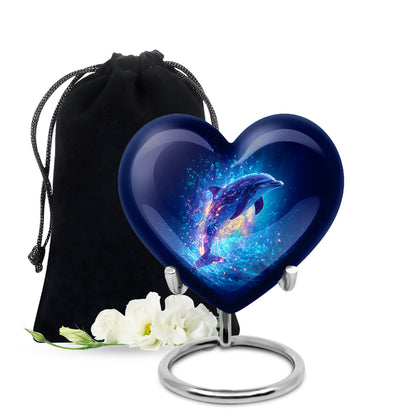 Serene Blue Dolphin Cremation Urn detail view - compassionate heart-dolphin combination with gentle curves - full-size 10 inch 200 cubic inch adult cremation urn