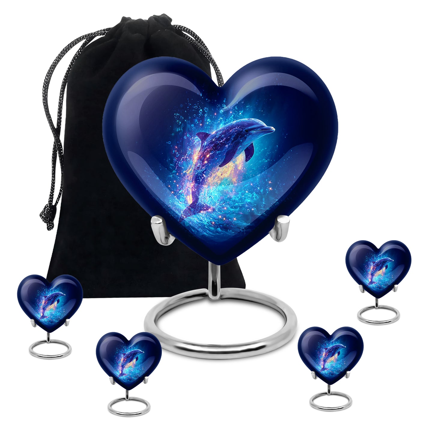 Twilight Blue Dolphin Cremation Urn close-up of engraving and surface detail - romantic heart urn with dolphin motif on aluminum - memorial set with one large and four small urns