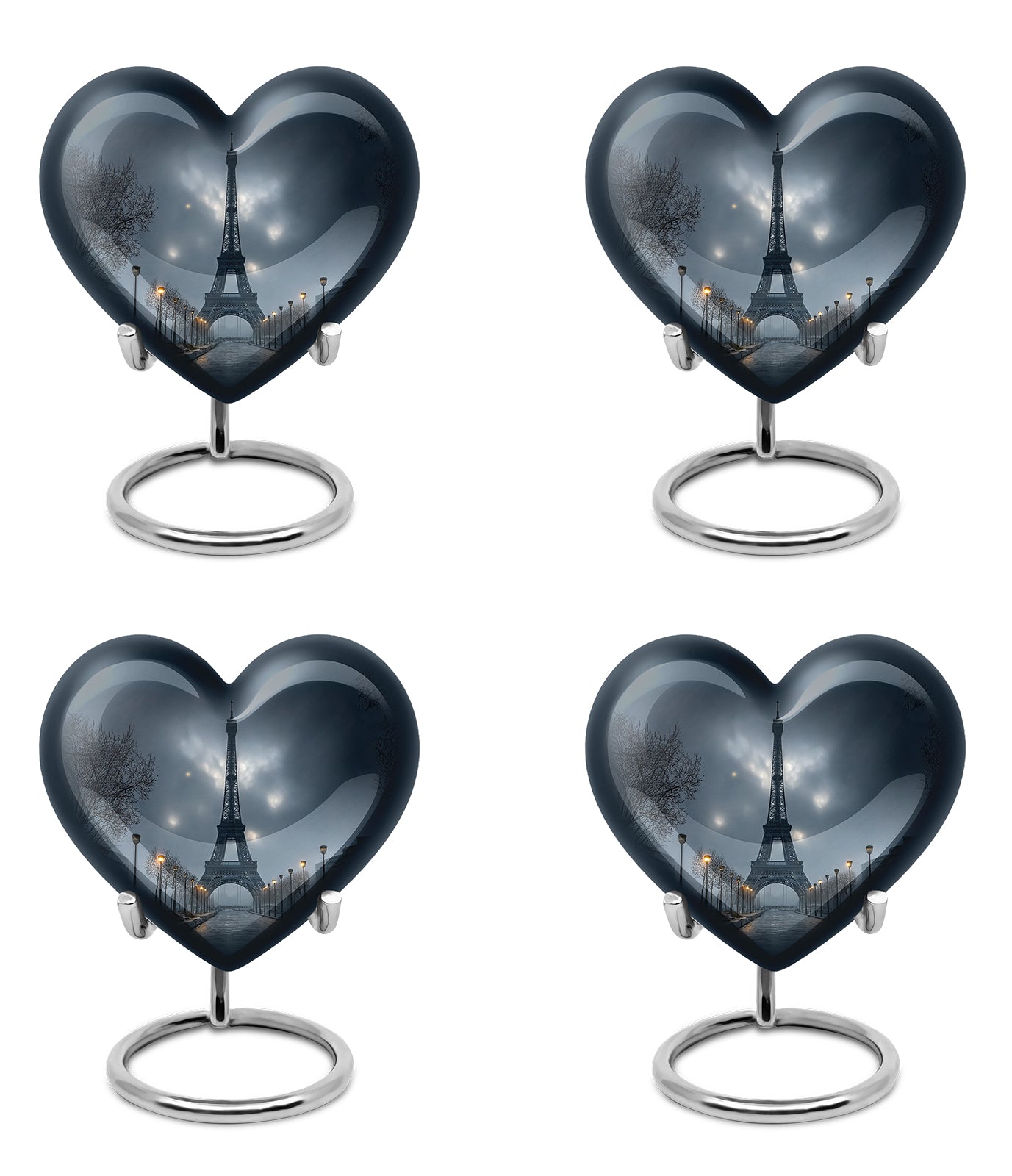 Soft Blue Eiffel Tower Cremation Urn angled view of lid and engraved motif - compassionate heart-eiffel tower combination with gentle curves - 10 inch aluminum urn for cremated remains