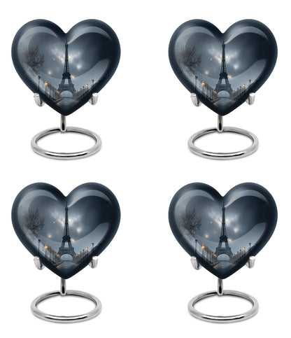 Soft Blue Eiffel Tower Cremation Urn angled view of lid and engraved motif - compassionate heart-eiffel tower combination with gentle curves - 10 inch aluminum urn for cremated remains