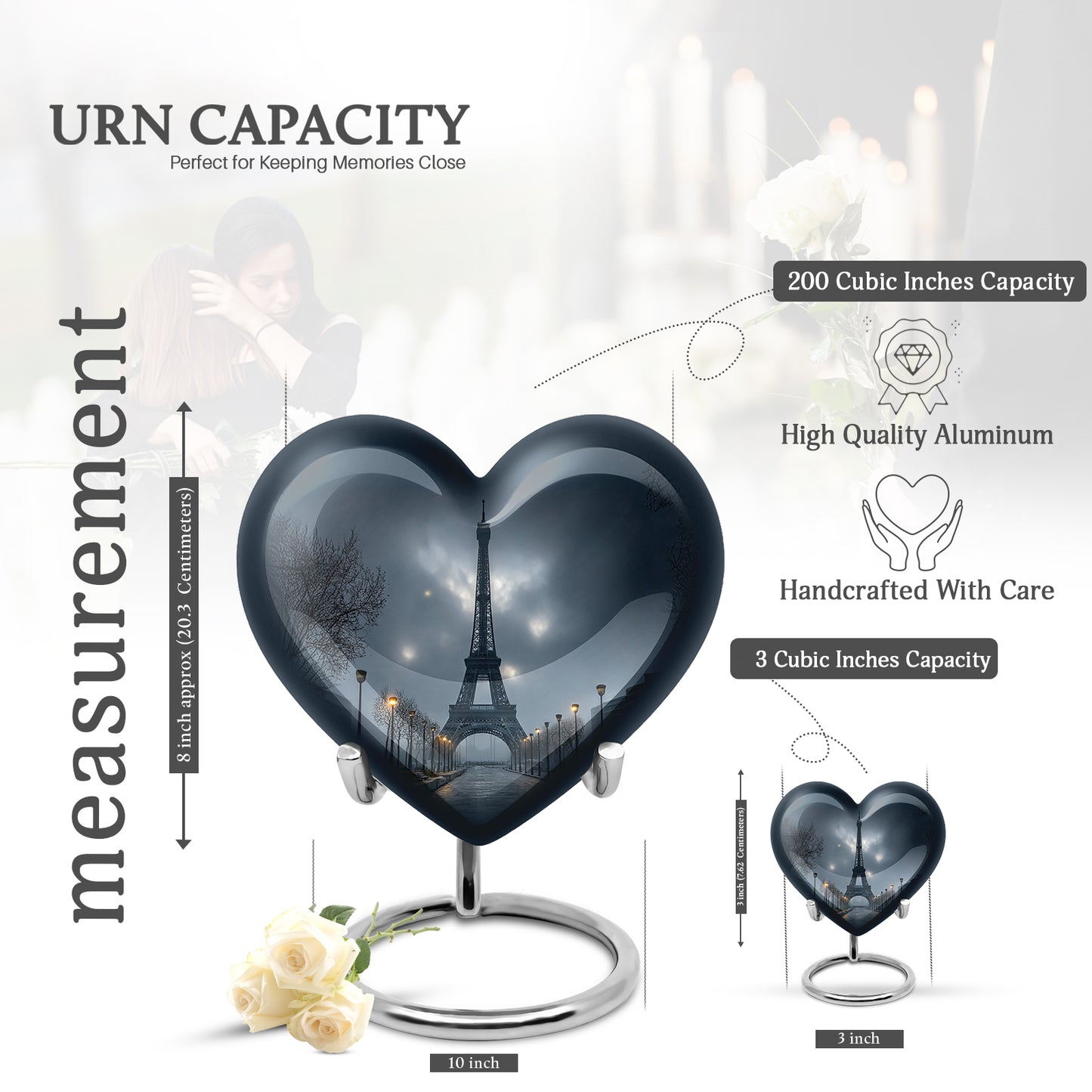 Icy Blue Eiffel Tower Cremation Urn front view showing detailed design - heart-shaped eiffel tower design symbolizing eternal love - mini keepsake memorial for portion of cremation ashes