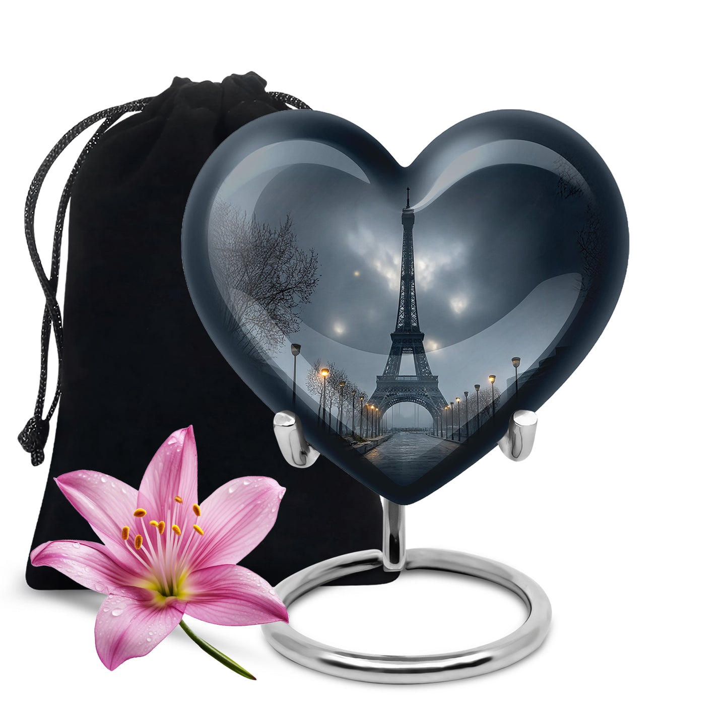 Icy Blue Eiffel Tower Cremation Urn detail view - loving heart memorial featuring eiffel tower pattern - full-size 10 inch 200 cubic inch adult cremation urn