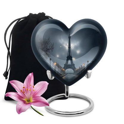 Icy Blue Eiffel Tower Cremation Urn detail view - loving heart memorial featuring eiffel tower pattern - full-size 10 inch 200 cubic inch adult cremation urn