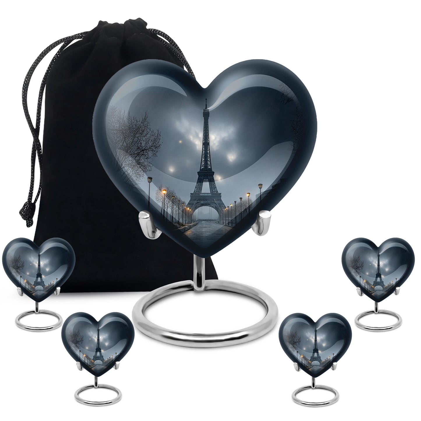 Royal Blue Eiffel Tower Cremation Urn close-up of engraving and surface detail - romantic heart urn with eiffel tower motif on aluminum - memorial set with one large and four small urns