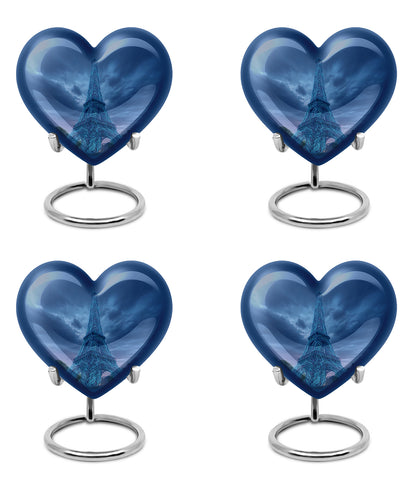 Azure Eiffel Tower Cremation Urn angled view of lid and engraved motif - heart-shaped eiffel tower design symbolizing eternal love - 10 inch aluminum urn for cremated remains
