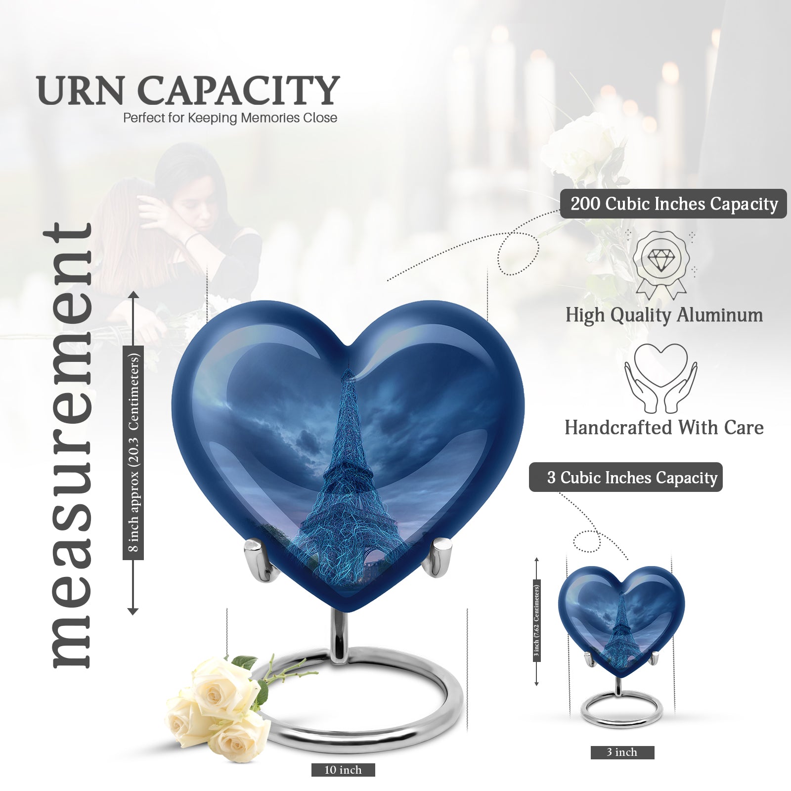 Navy Blue Eiffel Tower Cremation Urn front view showing detailed design - heart-shaped eiffel tower design symbolizing eternal love - mini keepsake memorial for portion of cremation ashes