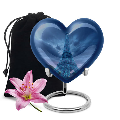 Calming Blue Eiffel Tower Cremation Urn detail view - romantic heart urn with eiffel tower motif on aluminum - full-size 10 inch 200 cubic inch adult cremation urn