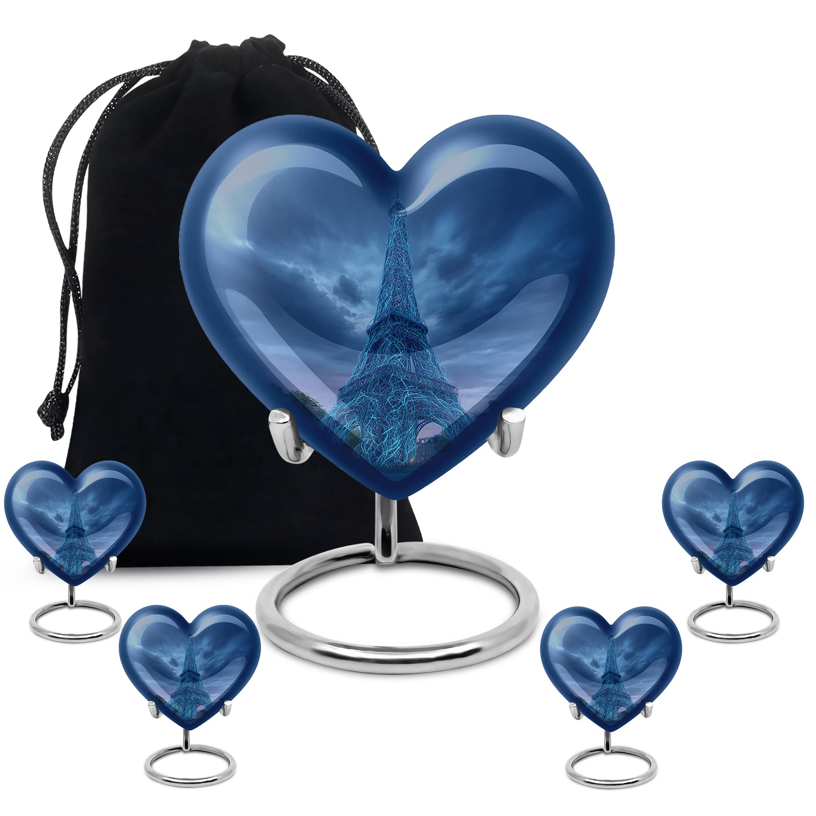Serene Blue Eiffel Tower Cremation Urn close-up of engraving and surface detail - compassionate heart-eiffel tower combination with gentle curves - memorial set with one large and four small urns