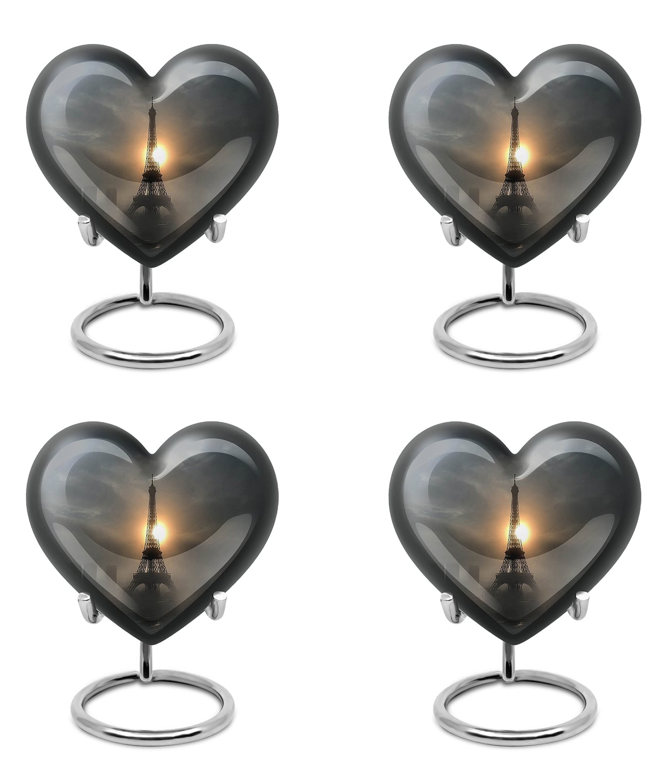 Rich Black Eiffel Tower Cremation Urn angled view of lid and engraved motif - loving heart memorial featuring eiffel tower pattern - 10 inch aluminum urn for cremated remains