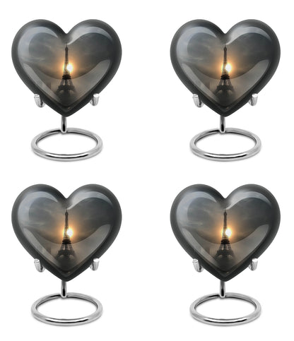 Rich Black Eiffel Tower Cremation Urn angled view of lid and engraved motif - loving heart memorial featuring eiffel tower pattern - 10 inch aluminum urn for cremated remains