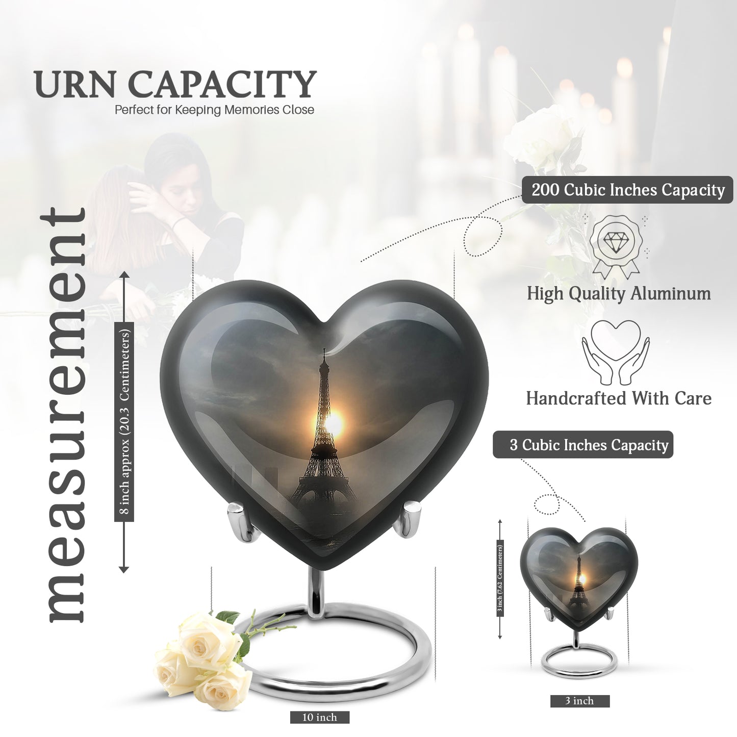 Dark Black Eiffel Tower Cremation Urn front view showing detailed design - compassionate heart-eiffel tower combination with gentle curves - mini keepsake memorial for portion of cremation ashes
