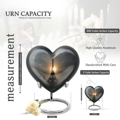 Dark Black Eiffel Tower Cremation Urn front view showing detailed design - compassionate heart-eiffel tower combination with gentle curves - mini keepsake memorial for portion of cremation ashes