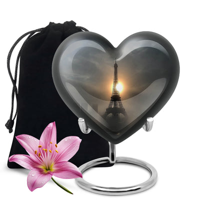 Midnight Black Eiffel Tower Cremation Urn detail view - compassionate heart-eiffel tower combination with gentle curves - full-size 10 inch 200 cubic inch adult cremation urn