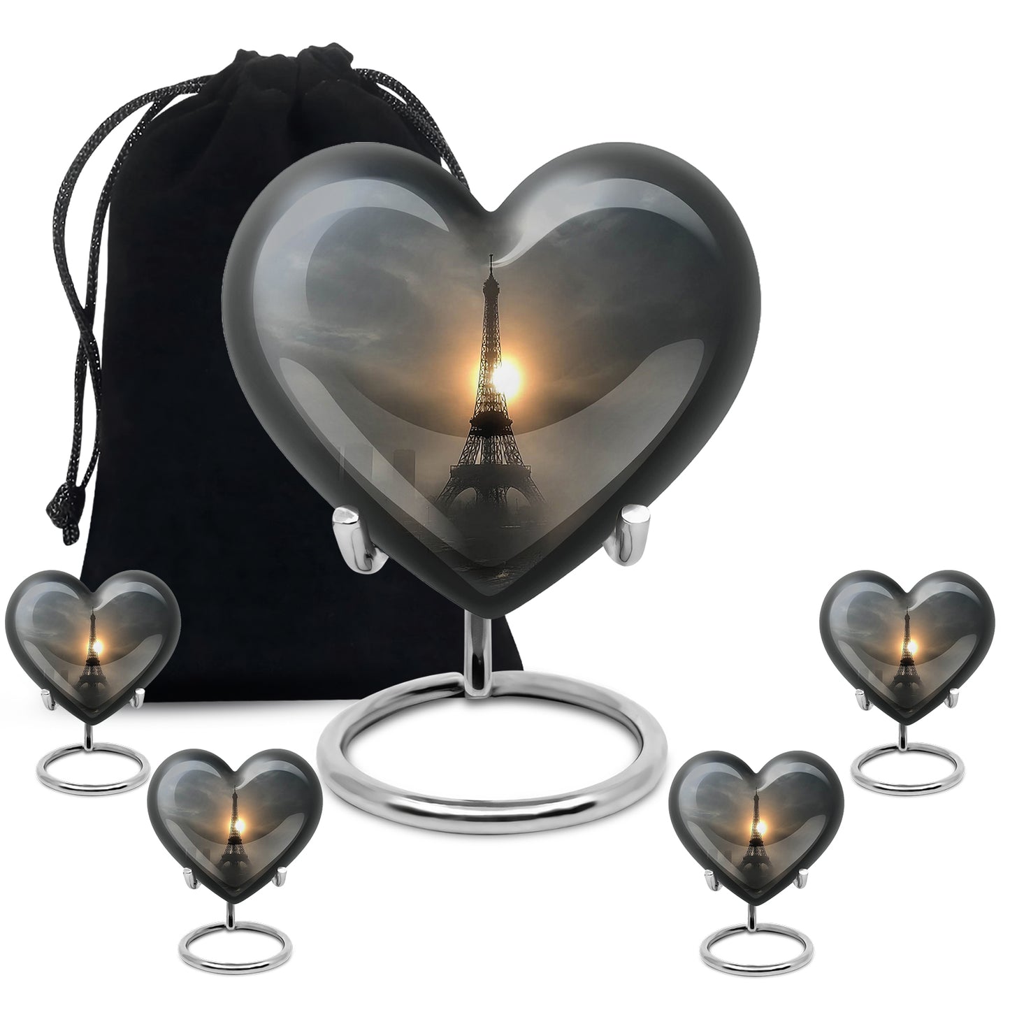 Ebony Eiffel Tower Cremation Urn close-up of engraving and surface detail - loving heart memorial featuring eiffel tower pattern - memorial set with one large and four small urns