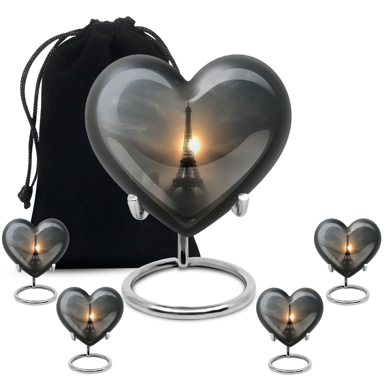 Ebony Eiffel Tower Cremation Urn close-up of engraving and surface detail - loving heart memorial featuring eiffel tower pattern - memorial set with one large and four small urns