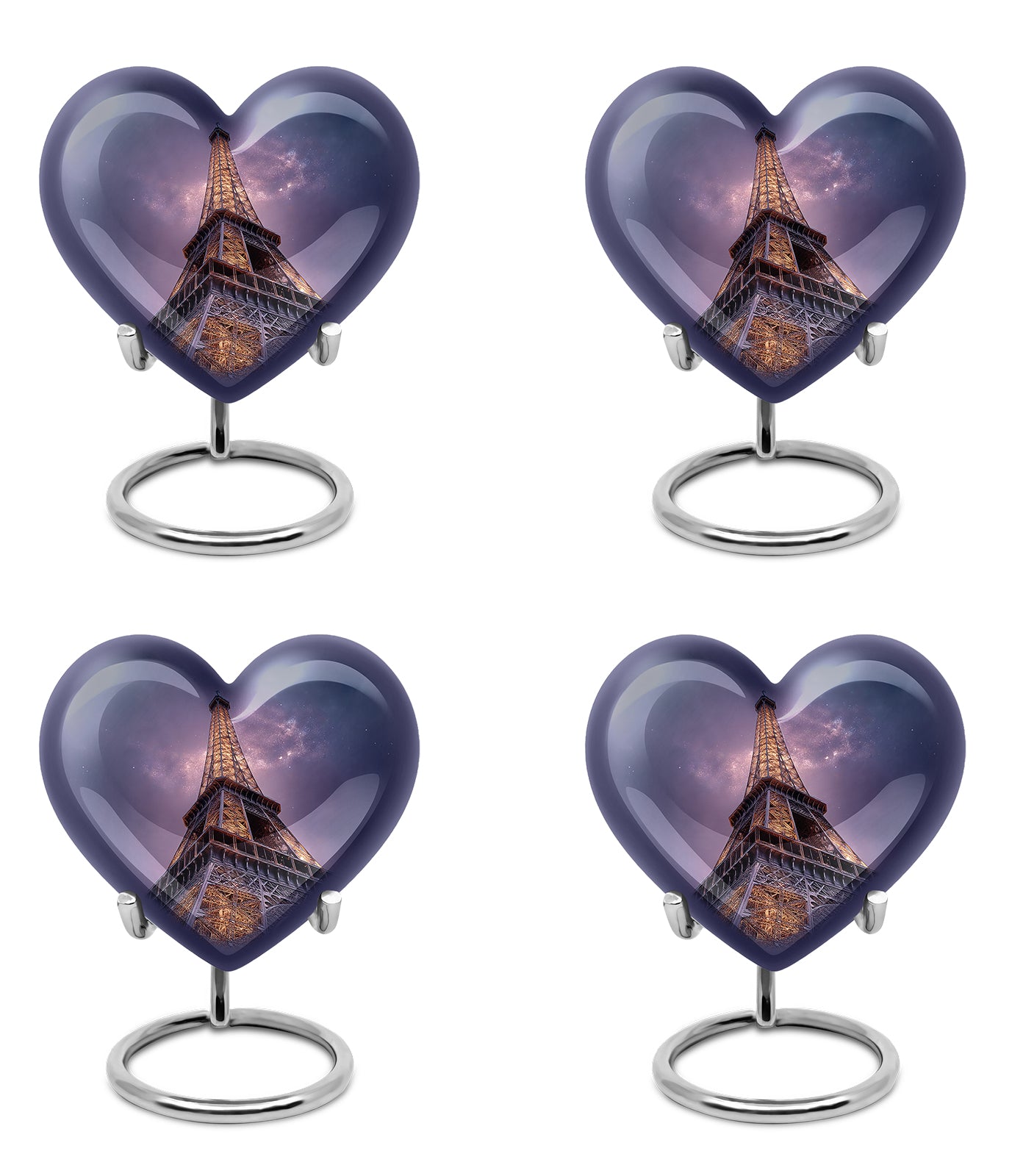 Calming Blue Eiffel Tower Cremation Urn angled view of lid and engraved motif - compassionate heart-eiffel tower combination with gentle curves - 10 inch aluminum urn for cremated remains