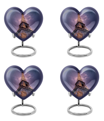 Calming Blue Eiffel Tower Cremation Urn angled view of lid and engraved motif - compassionate heart-eiffel tower combination with gentle curves - 10 inch aluminum urn for cremated remains