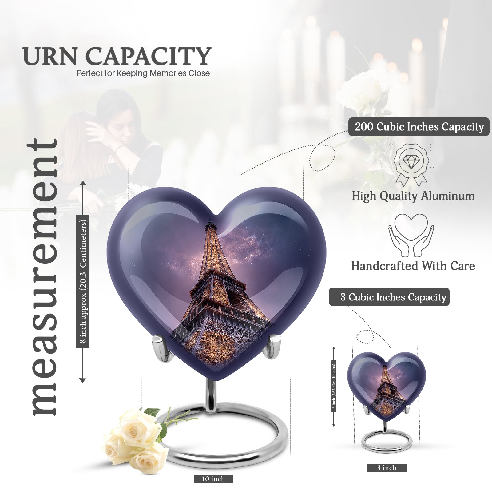 Calming Blue Eiffel Tower Cremation Urn front view showing detailed design - romantic heart urn with eiffel tower motif on aluminum - mini keepsake memorial for portion of cremation ashes
