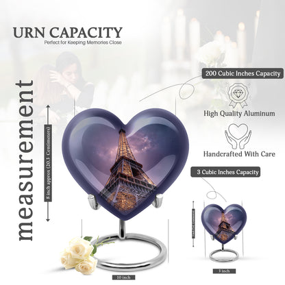 Calming Blue Eiffel Tower Cremation Urn front view showing detailed design - romantic heart urn with eiffel tower motif on aluminum - mini keepsake memorial for portion of cremation ashes
