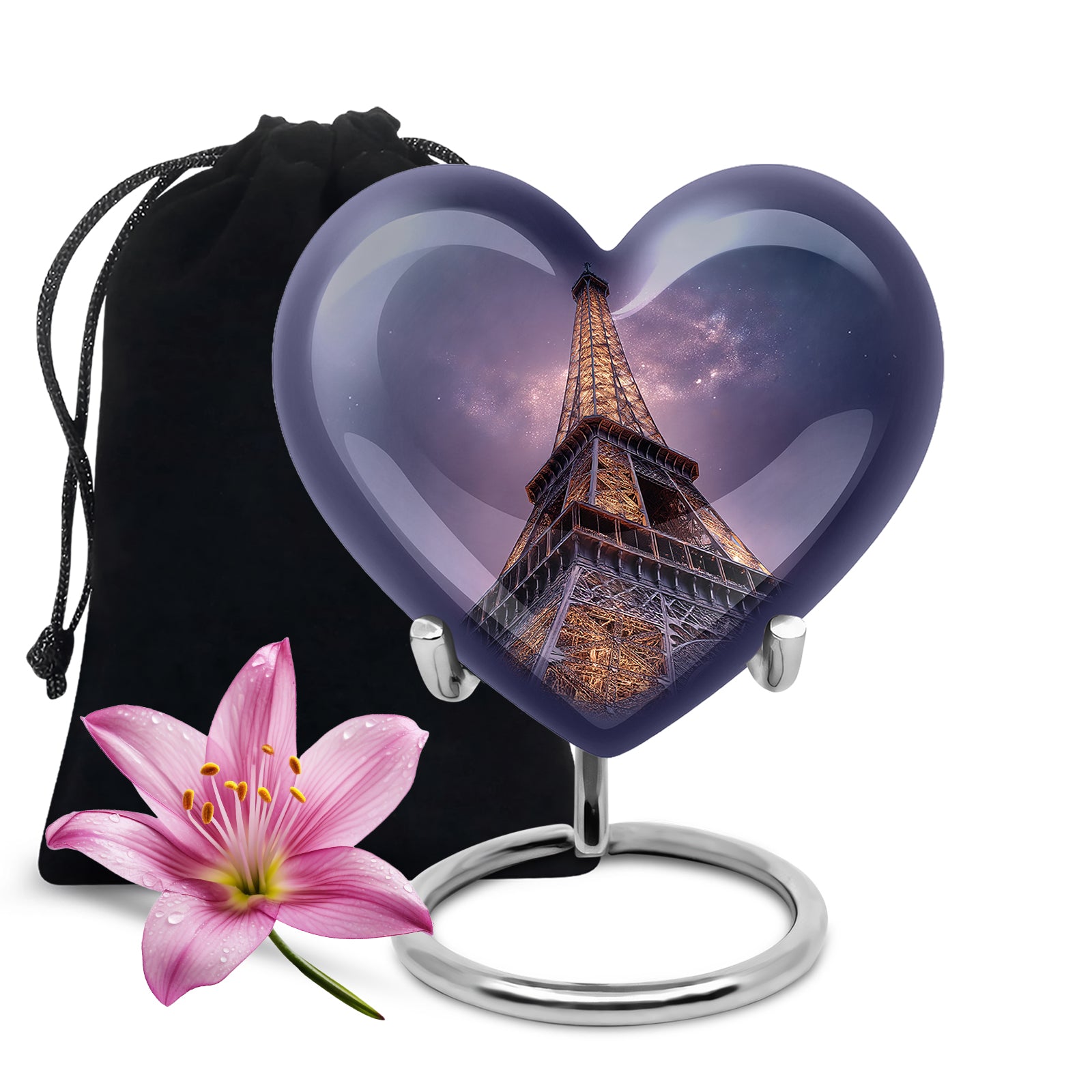 Icy Blue Eiffel Tower Cremation Urn detail view - loving heart memorial featuring eiffel tower pattern - full-size 10 inch 200 cubic inch adult cremation urn
