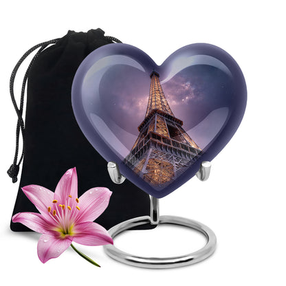 Icy Blue Eiffel Tower Cremation Urn detail view - loving heart memorial featuring eiffel tower pattern - full-size 10 inch 200 cubic inch adult cremation urn