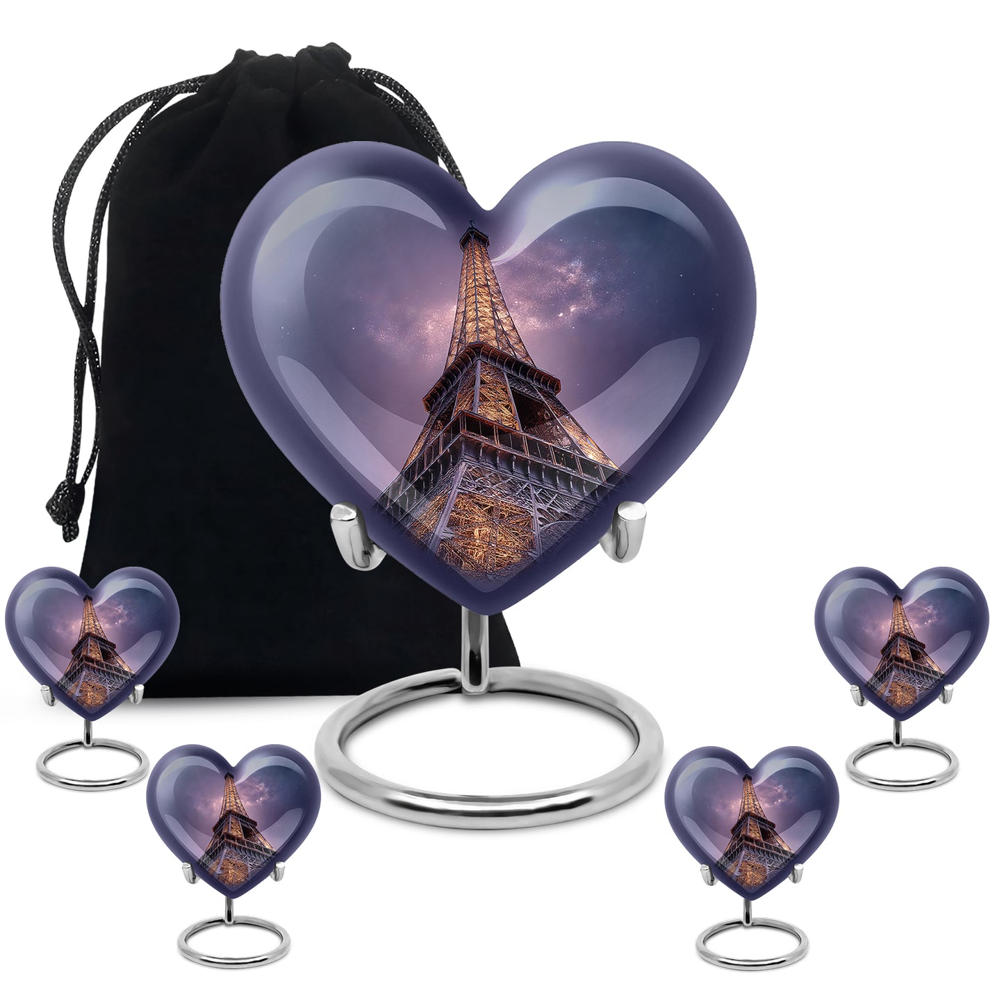 Cobalt Blue Eiffel Tower Cremation Urn close-up of engraving and surface detail - romantic heart urn with eiffel tower motif on aluminum - memorial set with one large and four small urns