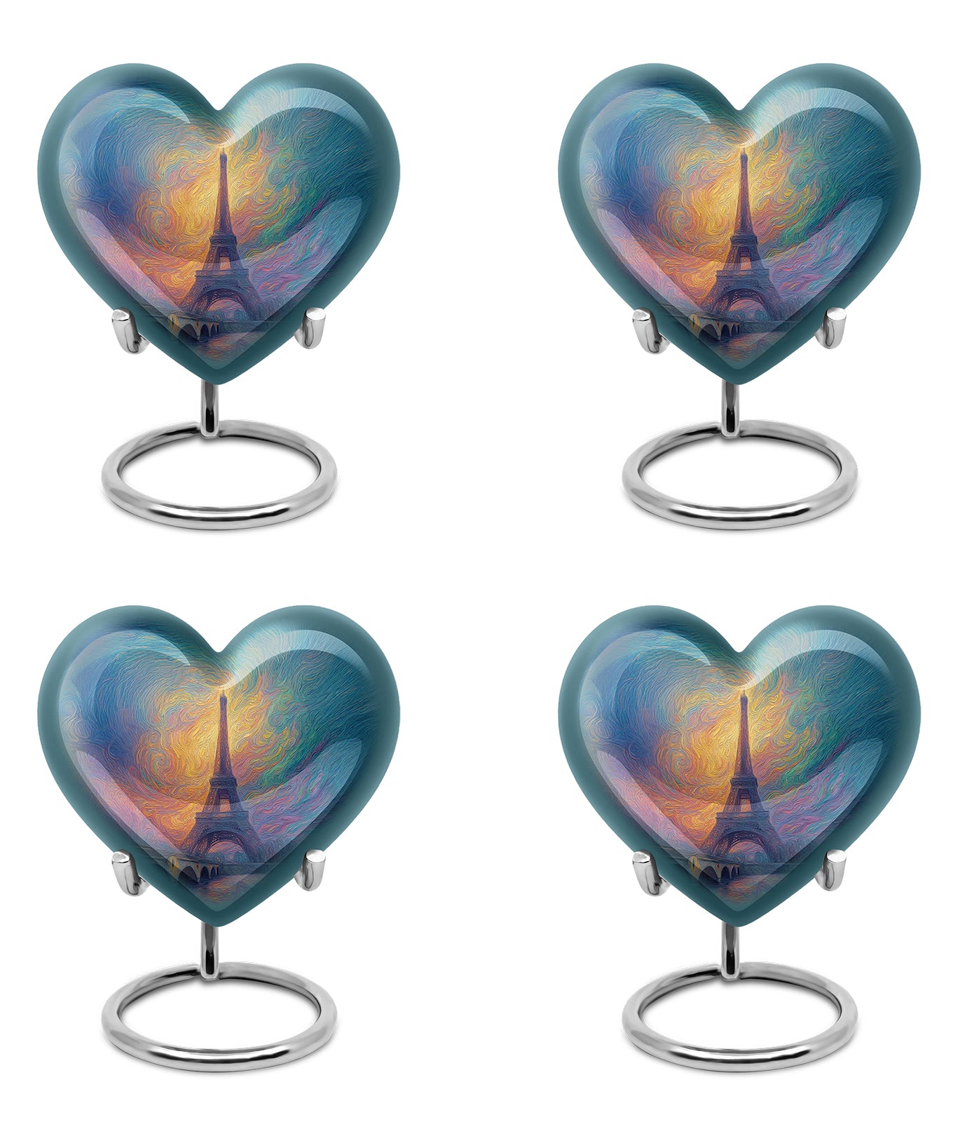 Celestial Blue Eiffel Tower Cremation Urn angled view of lid and engraved motif - heart-shaped eiffel tower design symbolizing eternal love - 10 inch aluminum urn for cremated remains