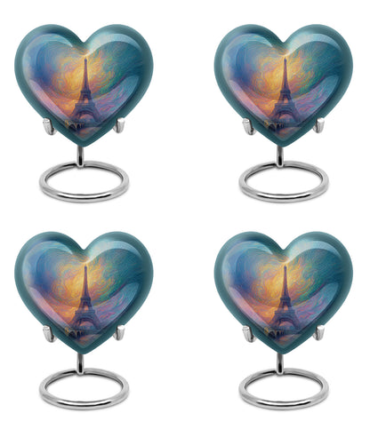 Celestial Blue Eiffel Tower Cremation Urn angled view of lid and engraved motif - heart-shaped eiffel tower design symbolizing eternal love - 10 inch aluminum urn for cremated remains