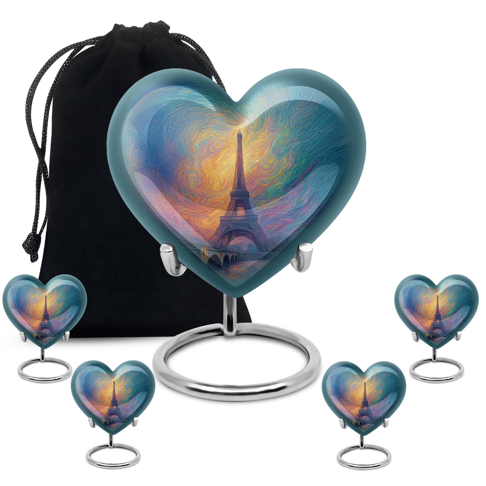 Celestial Blue Eiffel Tower Cremation Urn close-up of engraving and surface detail - loving heart memorial featuring eiffel tower pattern - memorial set with one large and four small urns