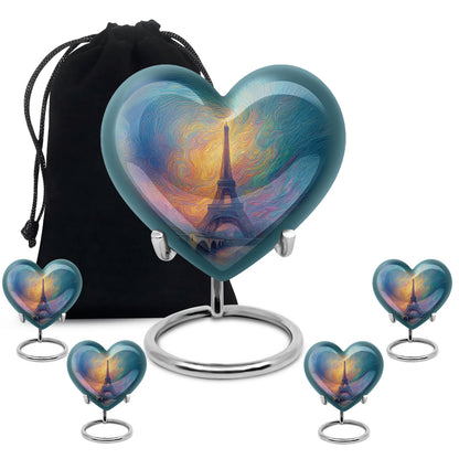 Celestial Blue Eiffel Tower Cremation Urn close-up of engraving and surface detail - loving heart memorial featuring eiffel tower pattern - memorial set with one large and four small urns