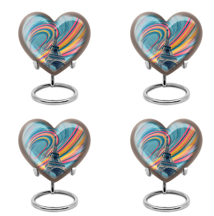 Ocean Teal Eiffel Tower Cremation Urn angled view of lid and engraved motif - loving heart memorial featuring eiffel tower pattern - 10 inch aluminum urn for cremated remains