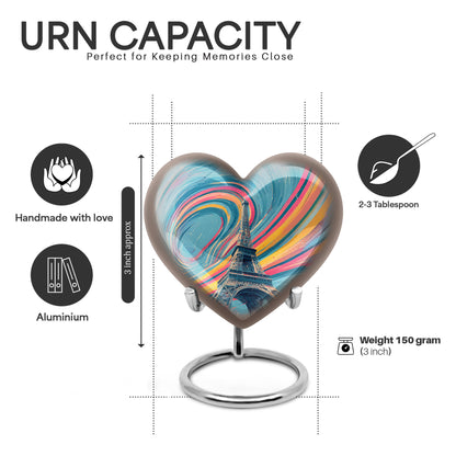 Aqua Teal Eiffel Tower Cremation Urn front view showing detailed design - romantic heart urn with eiffel tower motif on aluminum - mini keepsake memorial for portion of cremation ashes
