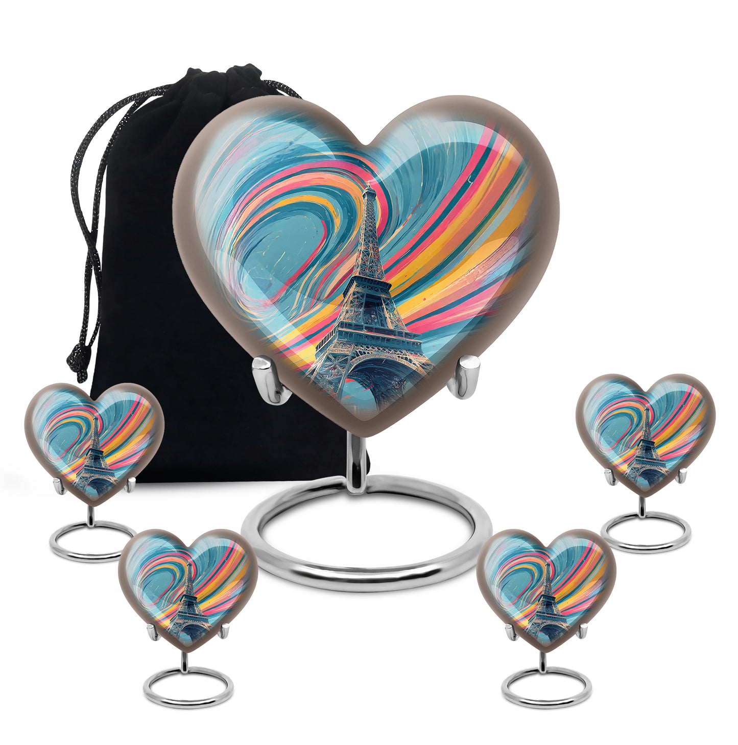 Jewel Teal Eiffel Tower Cremation Urn close-up of engraving and surface detail - heart-shaped eiffel tower design symbolizing eternal love - memorial set with one large and four small urns