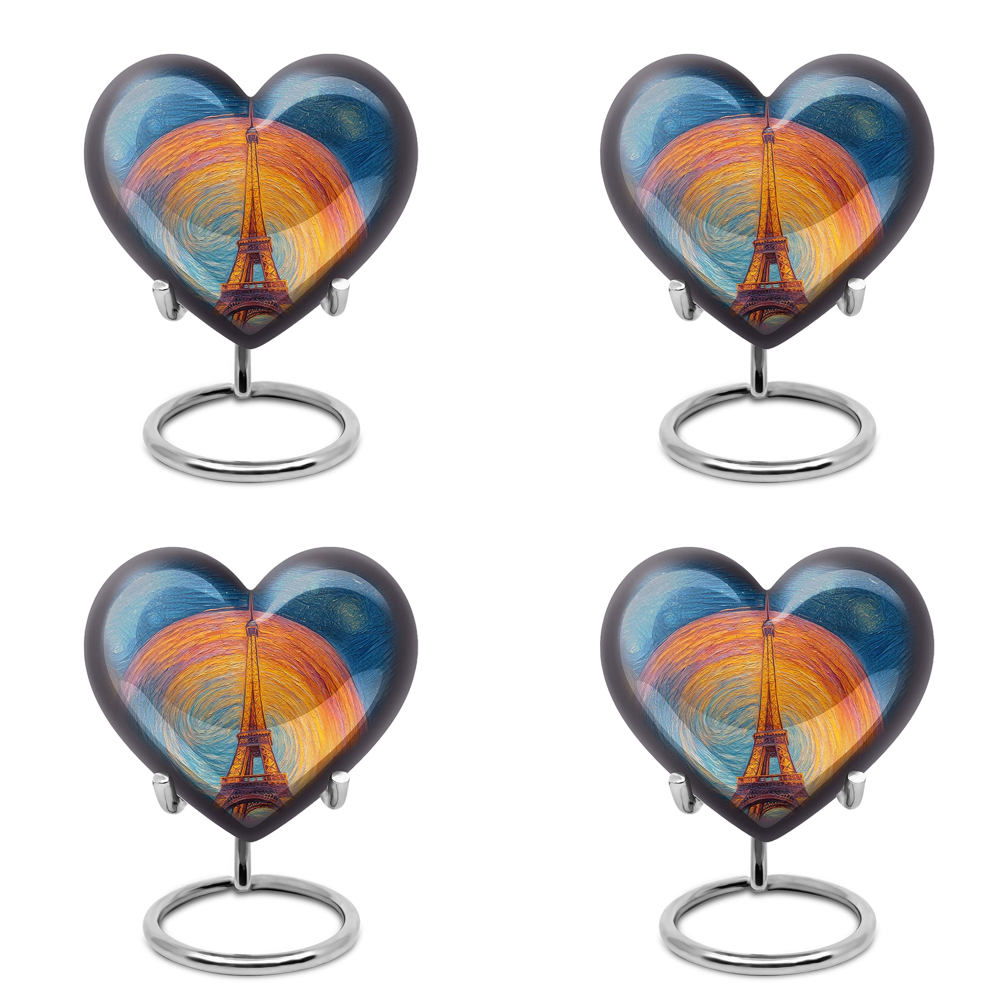 Bright Blue Eiffel Tower Cremation Urn angled view of lid and engraved motif - compassionate heart-eiffel tower combination with gentle curves - 10 inch aluminum urn for cremated remains