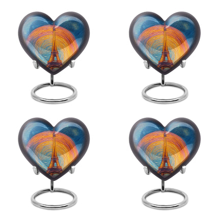 Bright Blue Eiffel Tower Cremation Urn angled view of lid and engraved motif - compassionate heart-eiffel tower combination with gentle curves - 10 inch aluminum urn for cremated remains