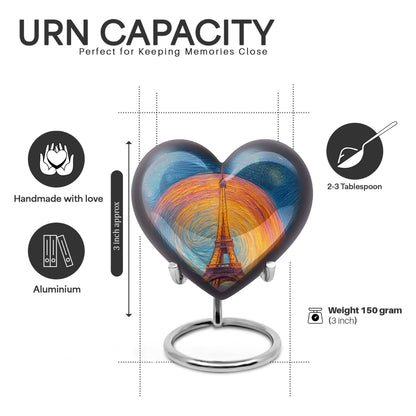 Serene Blue Eiffel Tower Cremation Urn front view showing detailed design - romantic heart urn with eiffel tower motif on aluminum - mini keepsake memorial for portion of cremation ashes