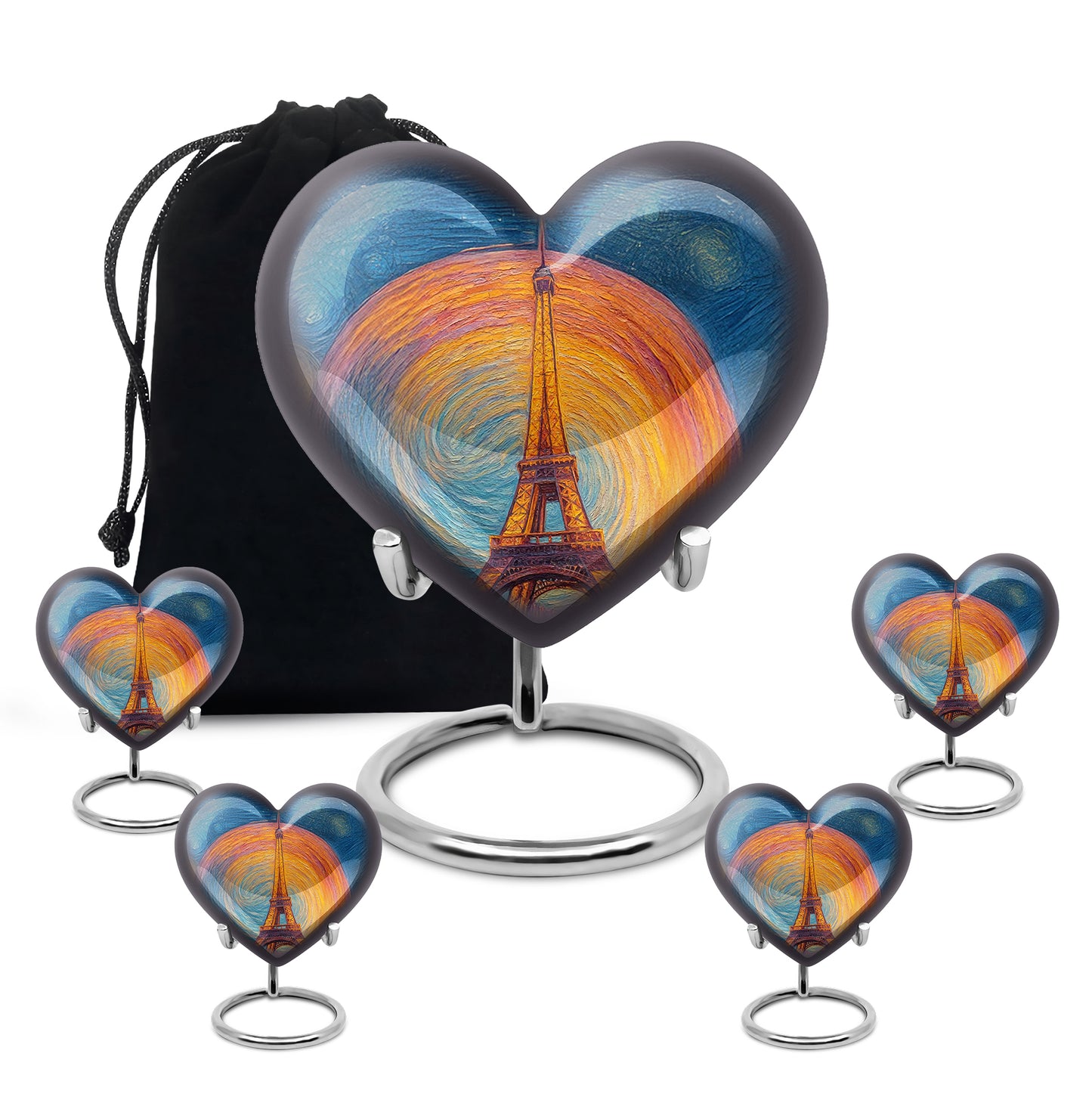Celestial Blue Eiffel Tower Cremation Urn close-up of engraving and surface detail - loving heart memorial featuring eiffel tower pattern - memorial set with one large and four small urns