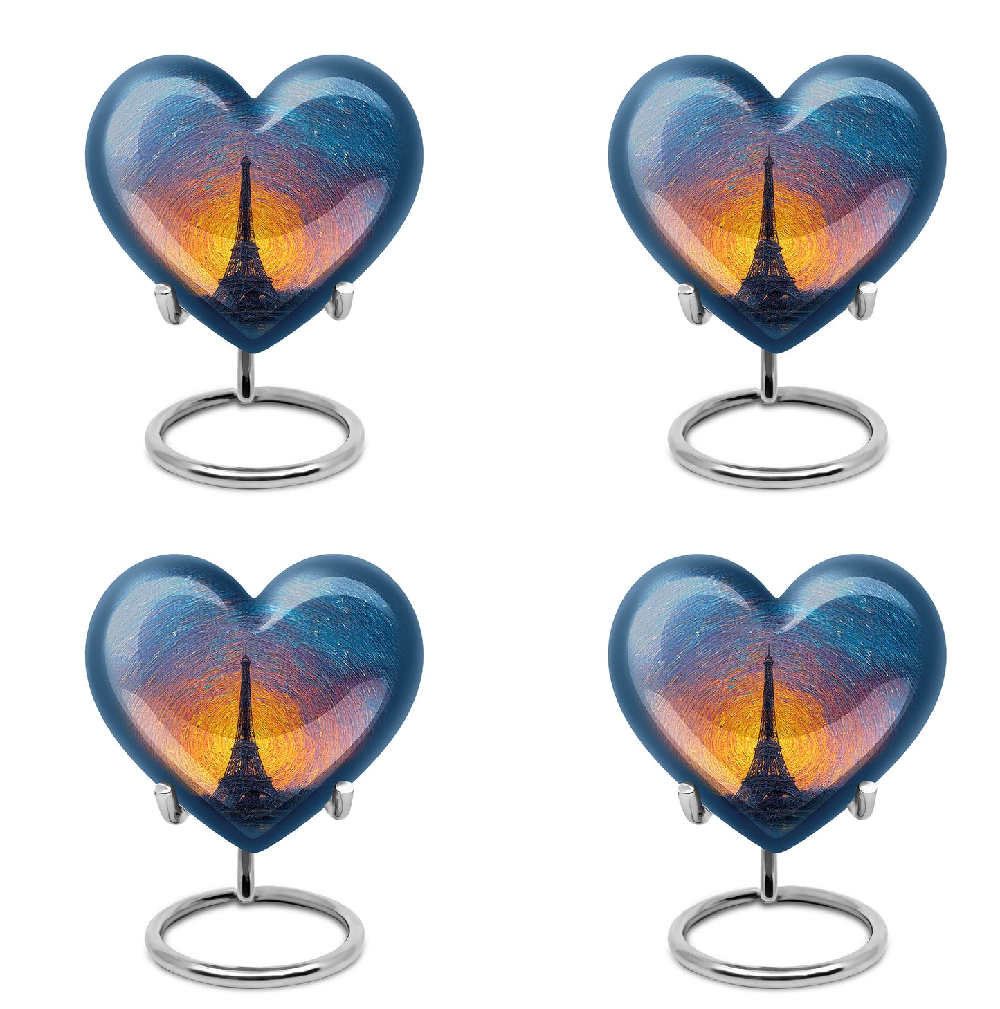 Celestial Blue Eiffel Tower Cremation Urn angled view of lid and engraved motif - loving heart memorial featuring eiffel tower pattern - 10 inch aluminum urn for cremated remains