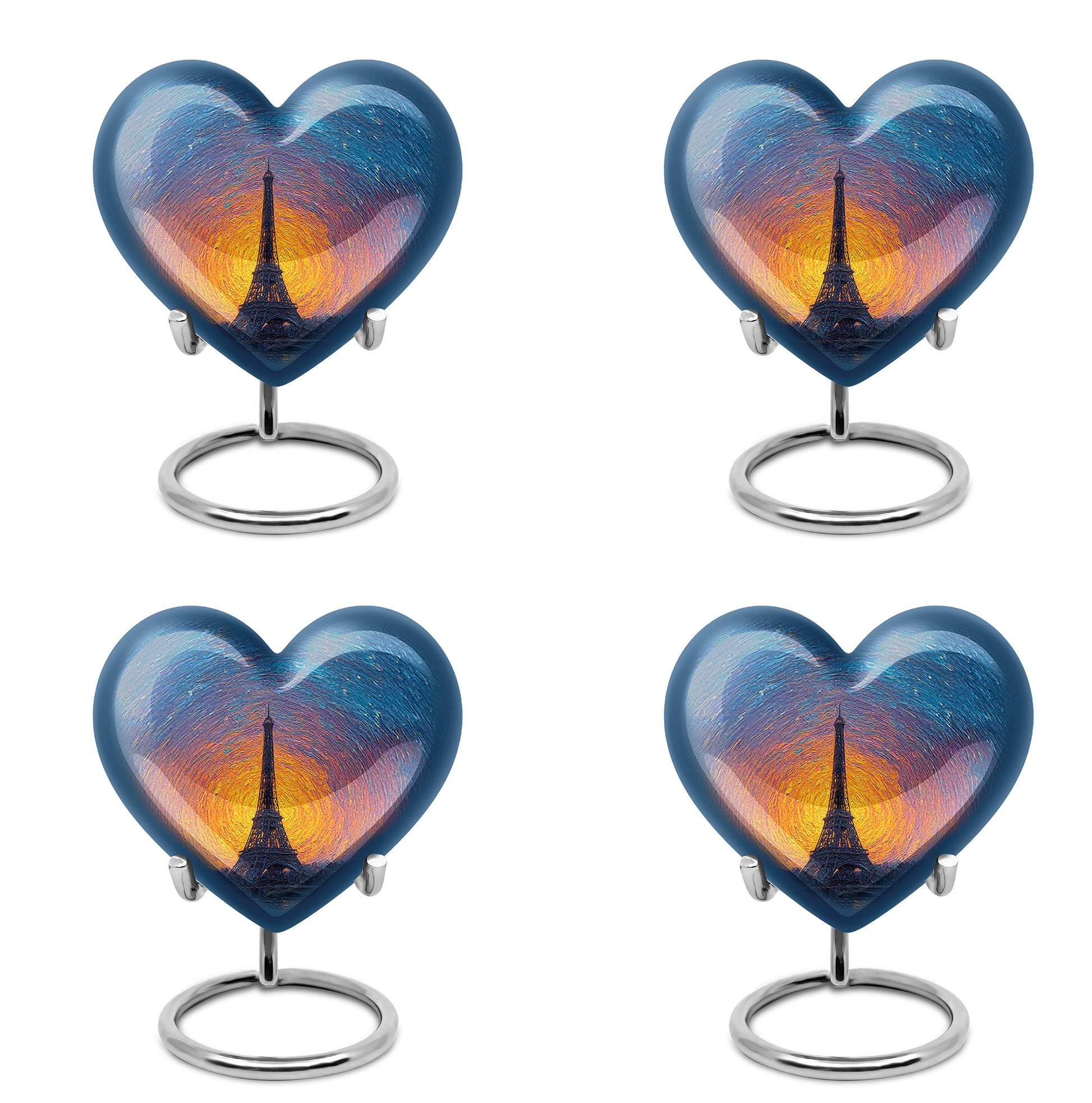 Celestial Blue Eiffel Tower Cremation Urn angled view of lid and engraved motif - loving heart memorial featuring eiffel tower pattern - 10 inch aluminum urn for cremated remains