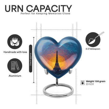 Calming Blue Eiffel Tower Cremation Urn front view showing detailed design - romantic heart urn with eiffel tower motif on aluminum - mini keepsake memorial for portion of cremation ashes