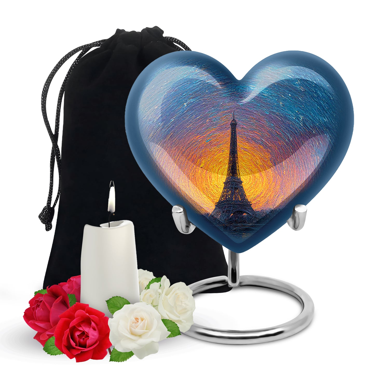 Calming Blue Eiffel Tower Cremation Urn detail view - compassionate heart-eiffel tower combination with gentle curves - full-size 10 inch 200 cubic inch adult cremation urn