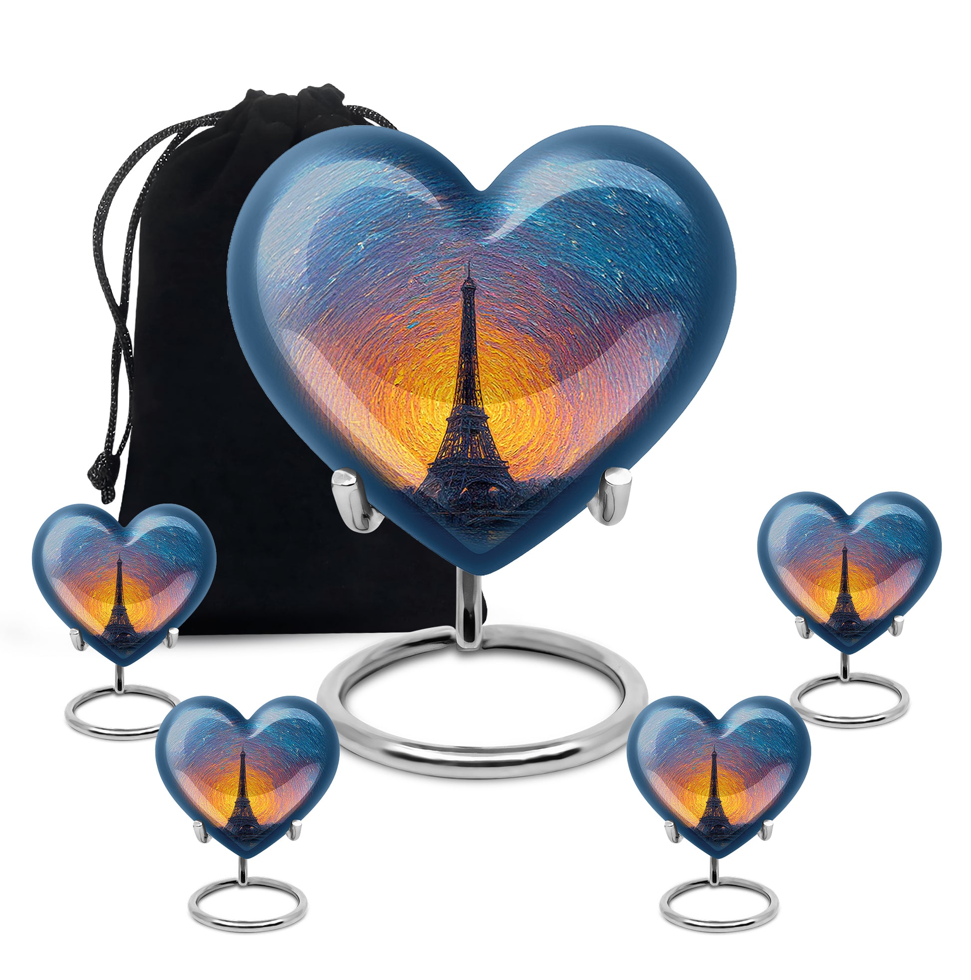 Bright Blue Eiffel Tower Cremation Urn close-up of engraving and surface detail - romantic heart urn with eiffel tower motif on aluminum - memorial set with one large and four small urns