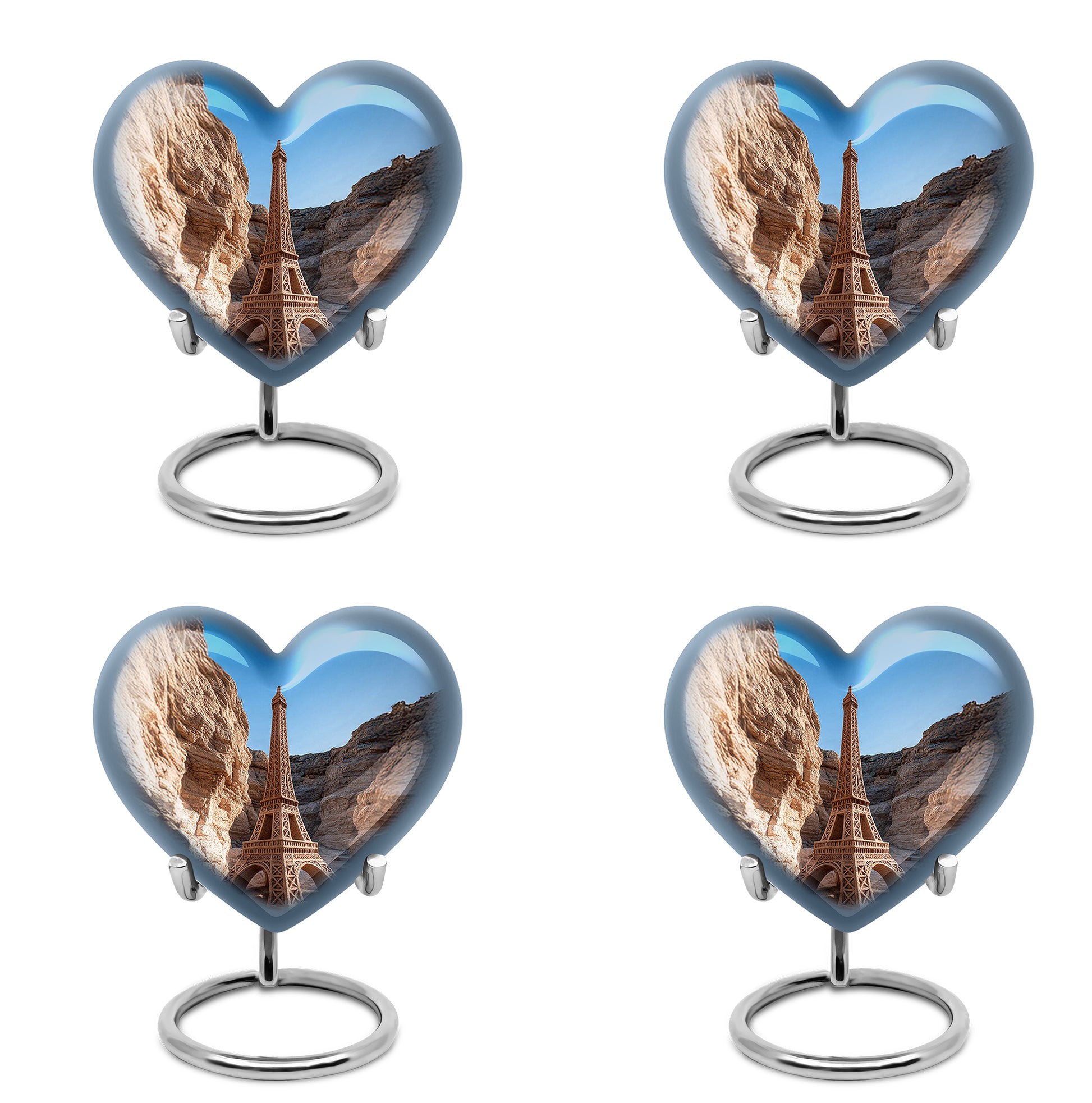 Vivid Blue Eiffel Tower Cremation Urn angled view of lid and engraved motif - compassionate heart-eiffel tower combination with gentle curves - 10 inch aluminum urn for cremated remains