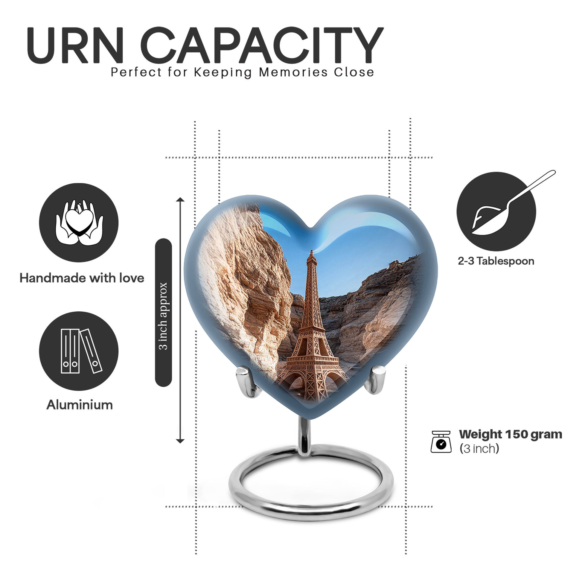 Pastel Blue Eiffel Tower Cremation Urn front view showing detailed design - heart-shaped eiffel tower design symbolizing eternal love - mini keepsake memorial for portion of cremation ashes