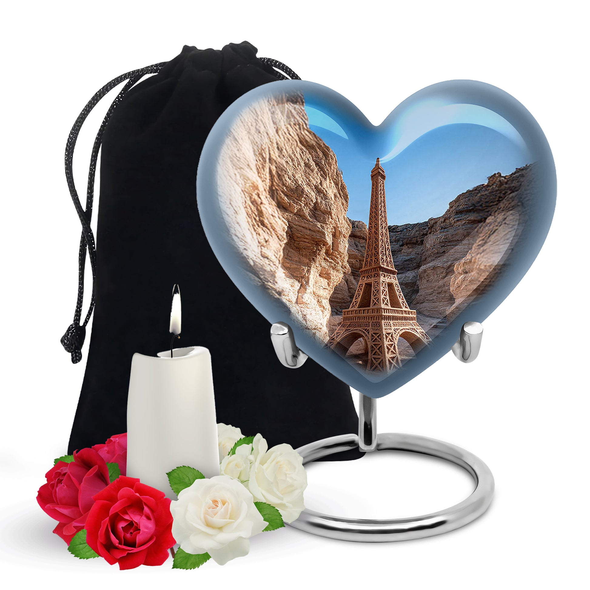 Sapphire Blue Eiffel Tower Cremation Urn detail view - compassionate heart-eiffel tower combination with gentle curves - full-size 10 inch 200 cubic inch adult cremation urn