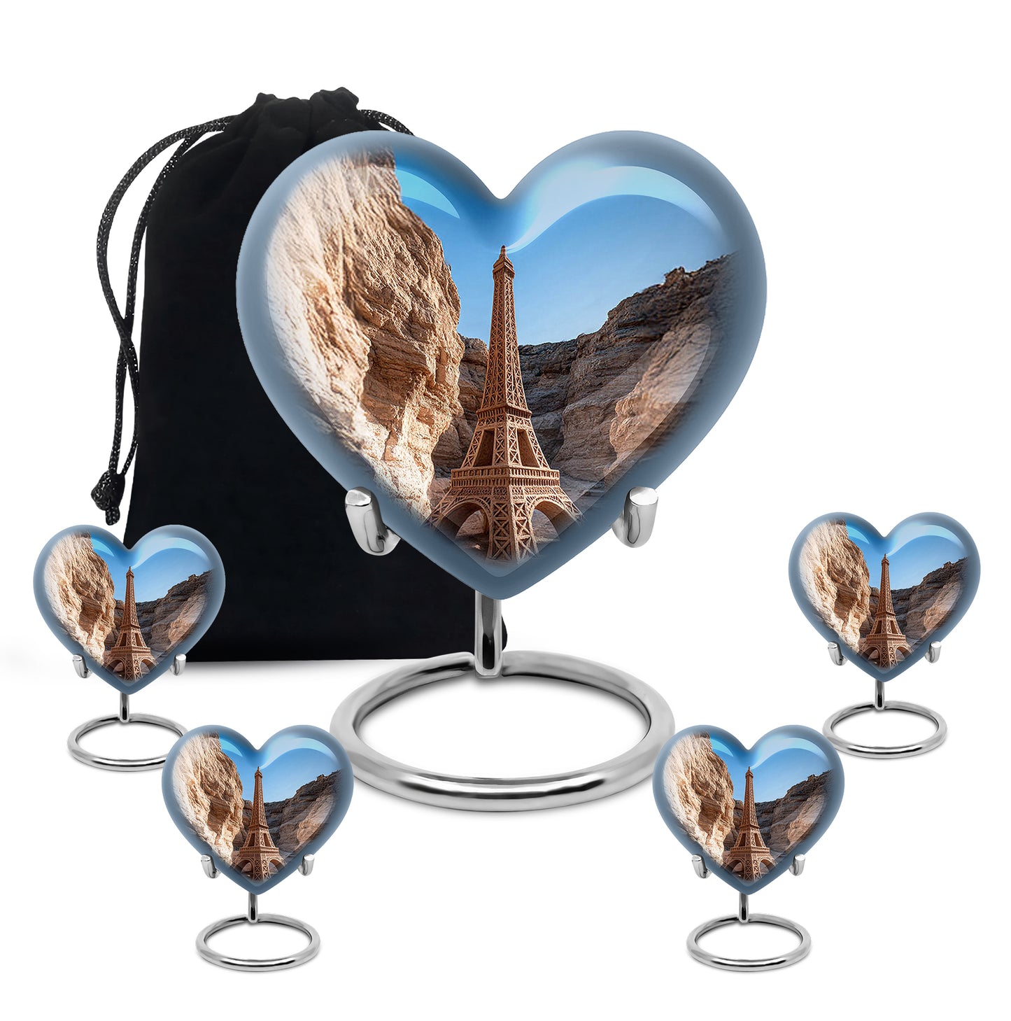 Indigo Eiffel Tower Cremation Urn close-up of engraving and surface detail - loving heart memorial featuring eiffel tower pattern - memorial set with one large and four small urns