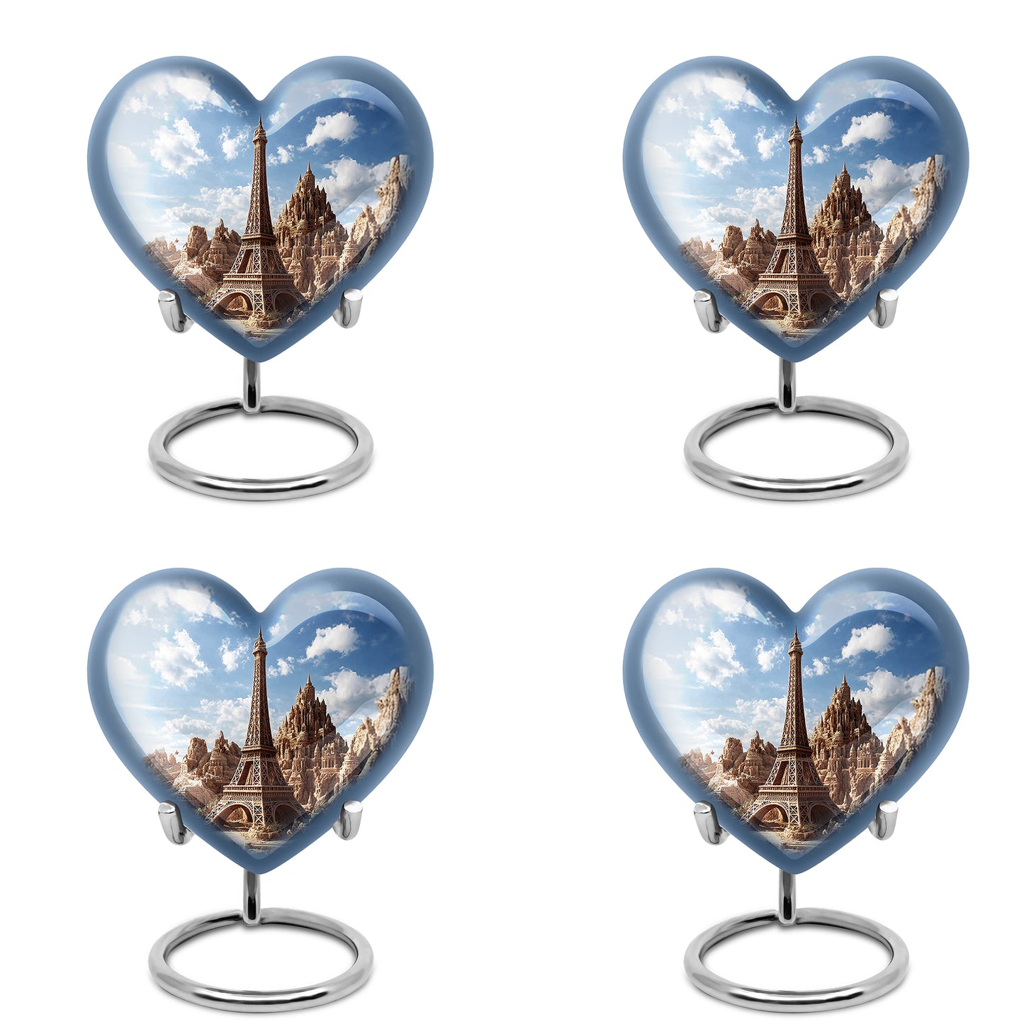 Powder Blue Eiffel Tower Cremation Urn angled view of lid and engraved motif - loving heart memorial featuring eiffel tower pattern - 10 inch aluminum urn for cremated remains